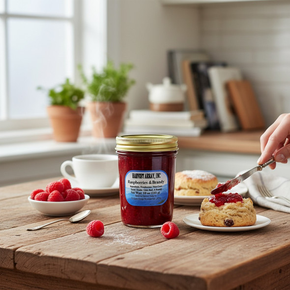 A jar of Harvest Array Raspberries & Brandy preserves sits on a rustic wooden table, surrounded by fresh raspberries, a steaming cup of tea, and a scone.