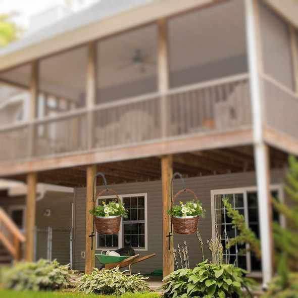 Amish Metal Crafted Deck Plant Hook with Powder Coated Finish shown with plant baskets. Order today from Harvest Array.