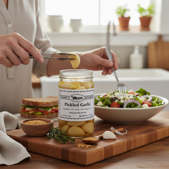 Annie’s Kitchen Pickled Garlic added to a fresh salad with sandwich and herbs in a bright kitchen.