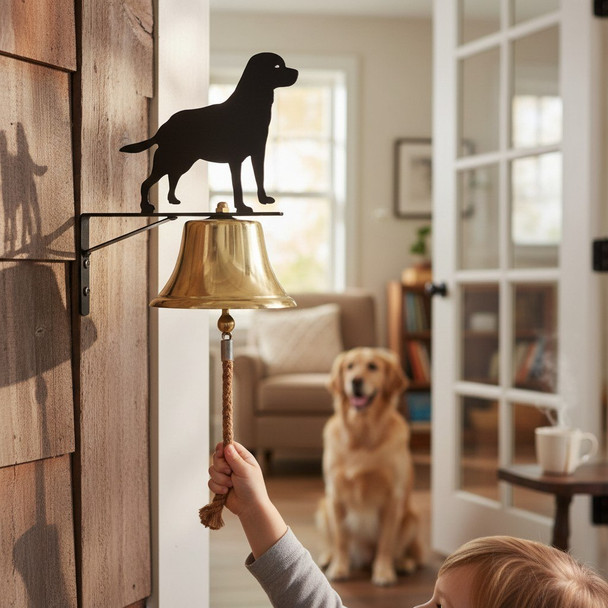 Black dog silhouette dinner bell mounted on wooden wall with brass hanging bell and rope pull, golden retriever waiting indoors