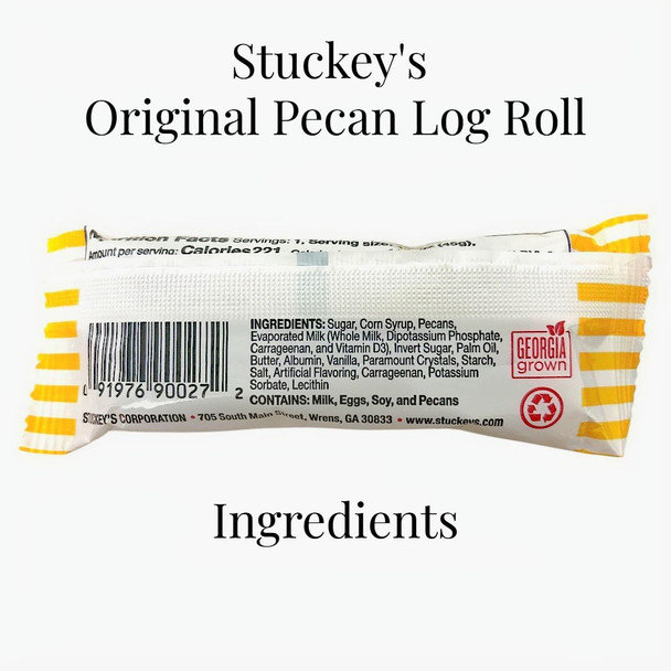 Stuckey's Original Pecan Log Roll packaging with ingredients listed.