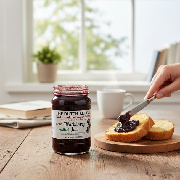 Seedless blackberry jam on toast with The Dutch Kettle No Sugar Added Blackberry Seedless Jam jar on a breakfast table.