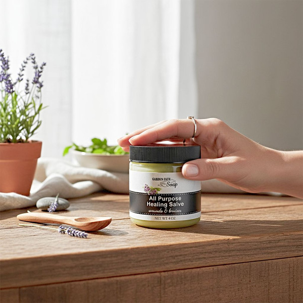 All Purpose Healing Salve in a 4 ounce jar. Made by the Amish with a family recipe. Good for the young and old.