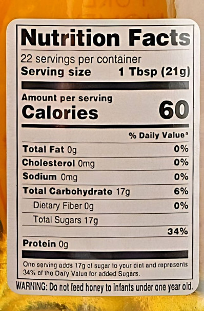 Nutrition Facts for each flavor of Pure Honey from The Dutch Kettle