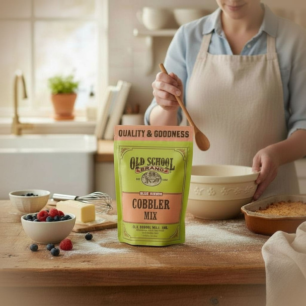 Old School Brand Fruit Cobbler Baking Mix in a  kitchen setting. Available for online order at Harvest Array.