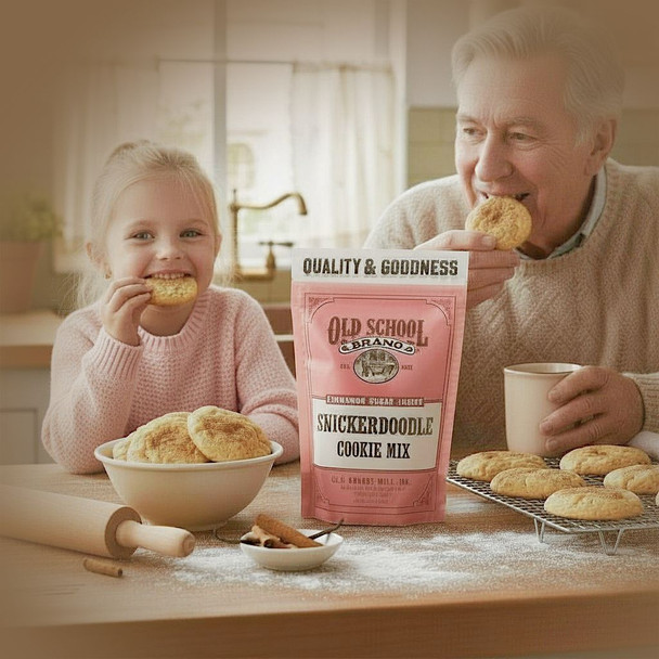 Snickerdoodle Cookie Mix from Old School Brand and Harvest Array. Granddaughter enjoying freshly baked cookies with grandpa.