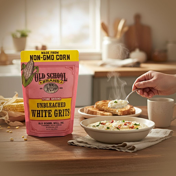 Non-GMO Stone Ground Unbleached White Grits 16oz. Gluten Free  next to a bowl of made grits in a rustic kitchen setting. Purchase online from Harvest Array.