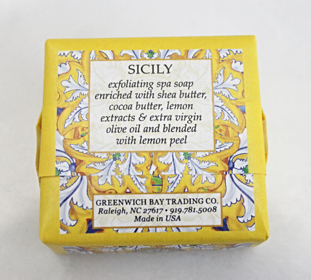 Ingredients in Sicily Exfoliating Mini Spa Soap in a 1.9 ounce square bar.