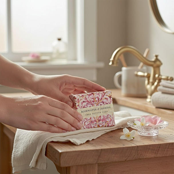 Experience the scent of a fragrant Rose Garden on a summer after with each bath or shower using our 6.35 ounce Rosewater & Jasmine shea butter soap.