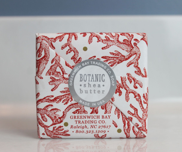 Bar of 6.35 oz. Ocean Riche shea butter soap has beautiful white with red coral packaging. 