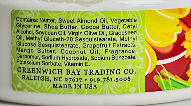 Tahiti Body Butter ingredients label.