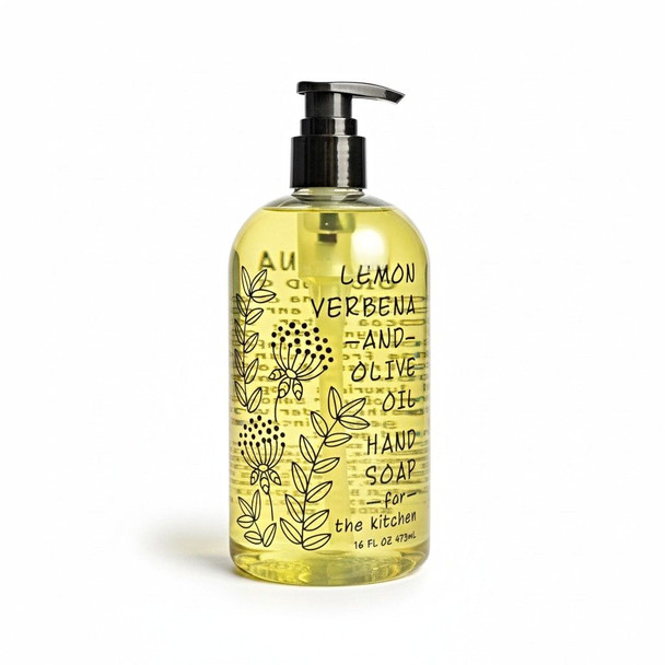 Lemon Verbena and Olive Oil Hand Soap for the Kitchen comes in a decorative 16 oz. bottle with a pump dispenser top.
