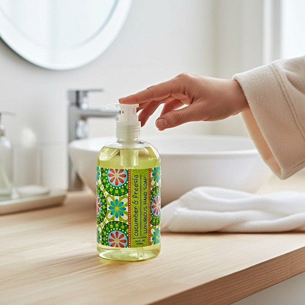Cucumber & Freesia Luxurious Liquid Hand Soap for online orders go to harvestarray.com today.