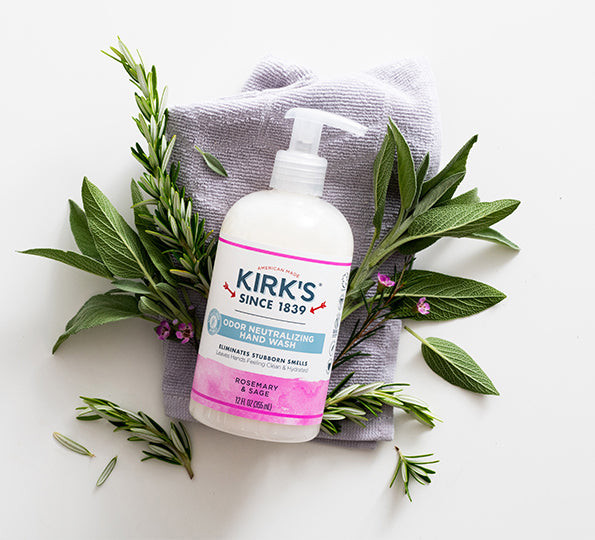 Rosemary & Sage Kirk's Odor Neutralizing Hand Wash 12 ounce bottle. Order this Made in the USA Hand Soap at harvestarray.com.