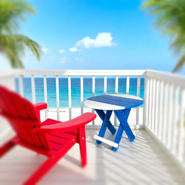 Bright Blue and White Round Folding Poly End Table is ideal for a balcony, patio, boat deck, even the beach. Order today from Harvest Array.