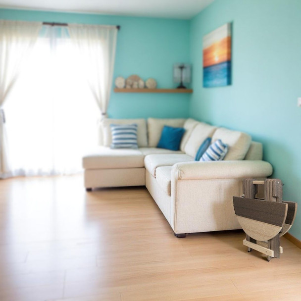 Coastal Gray and Birchwood Round Folding Poly End Table. shown folded to accent any beach themed room. Made in the USA for Harvest Array.