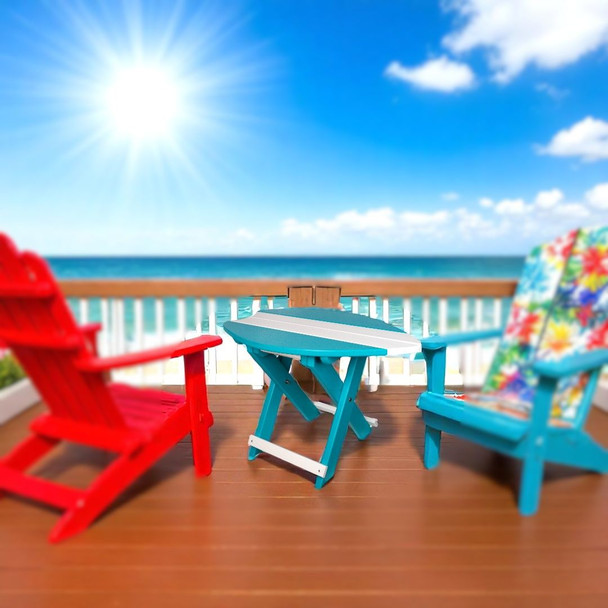 Poly Surf Board Folding End Table in Aruba Blue and White. Perfect for your deck, boat deck, beach themed room, and more. Order today at Harvest Array!