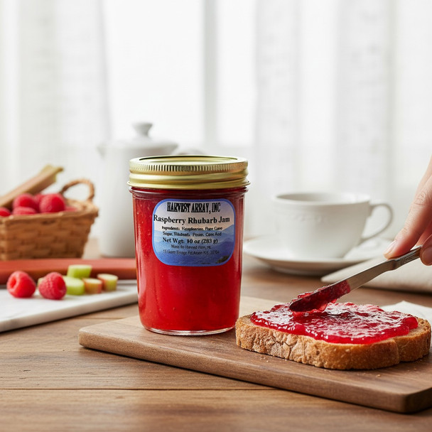 A jar of Harvest Array Raspberry Rhubarb Jam sits on a wooden board beside a slice of bread being spread with the bright red jam. Fresh raspberries and chopped rhubarb pieces are displayed in a small basket and on a cutting board in the background, with a white teacup and soft natural light creating a cozy breakfast setting.