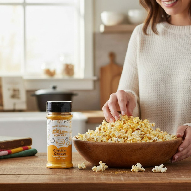 Amish Country cheddar cheese popcorn seasoning bottle beside bowl of cheesy popcorn on kitchen counter