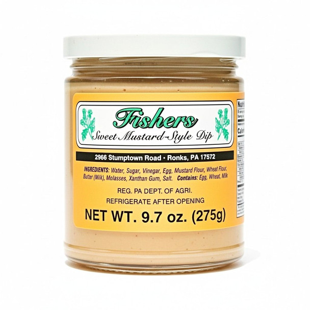 Fishers Sweet Mustard Style Dip in a 9.7 oz. glass jar. Order this creamy sweet mustard dip now from Harvest Array.