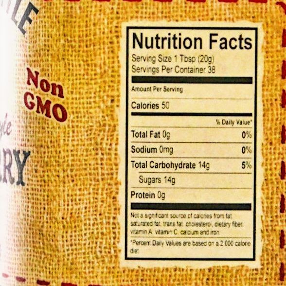 Nutrition facts label for The Dutch Kettle Elderberry Jelly showing calories, sugars, and carbohydrates per serving