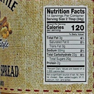 Nutrition facts label for a food spread showing calories, fat, sodium, carbohydrates, sugars, and protein per 2 tablespoon serving