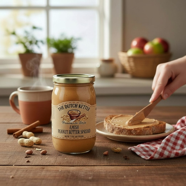 Amish peanut butter spread from The Dutch Kettle being spread on fresh bread in a warm kitchen setting