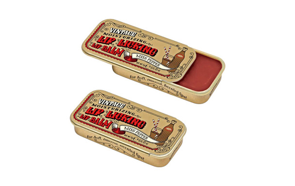 Open and Closed Vintage Slider Tins of Miss Pepper Lip Licking Lip Balm