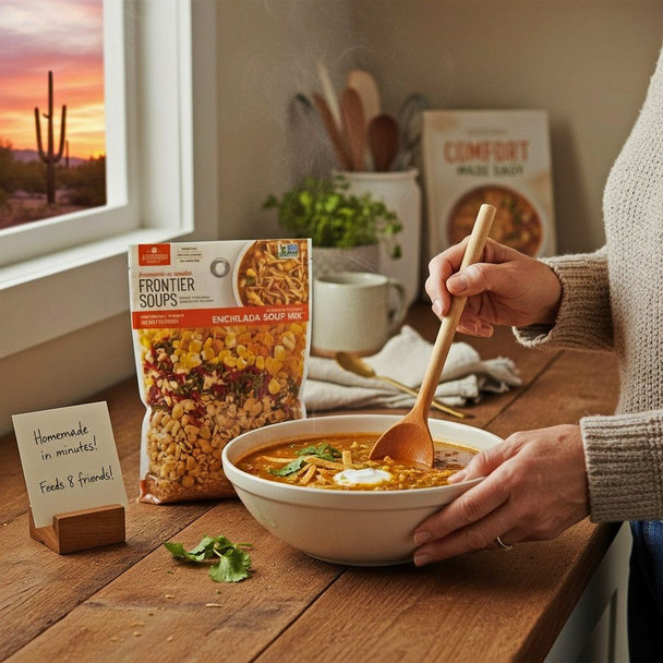 Anderson House Arizona Sunset Enchilada Soup Mix and a delicious bowl of the soup ready to eat