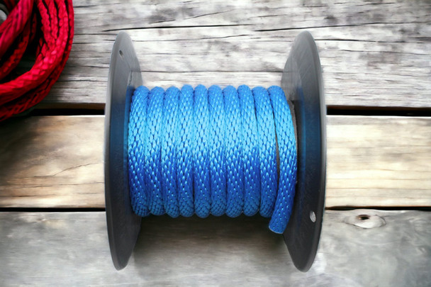 Blue Solid Braided Multifilament Polypropylene Rope in a barn