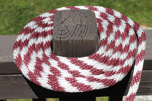 Burgundy and White Solid Braided Multifilament Polypropylene Rope on a post