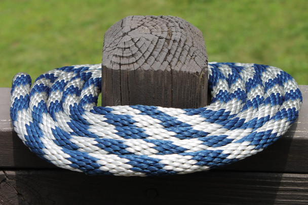 Navy and Silver Solid Braided Multifilament Polypropylene Rope on a post