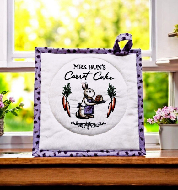 "Mrs. Bun's Carrot Cake" Embroidered Potholders/Hot Pad. Proudly made in America for Harvest Array.