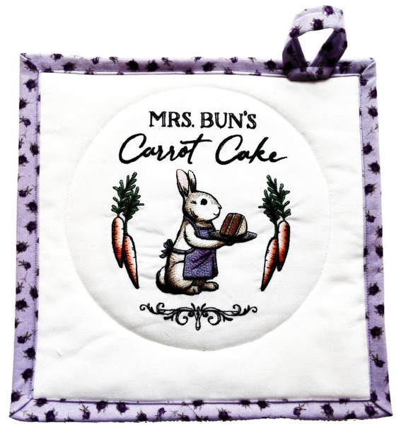 "Mrs. Bun's Carrot Cake" Embroidered Potholders/Hot Pad makes a cute Spring or Easter gift from harvestarray.com.