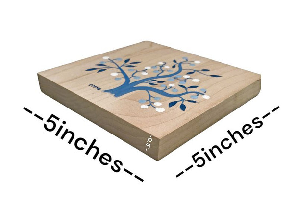 Size is 5"x5"x0.5". It is made of reclaimed maple. Made in America.