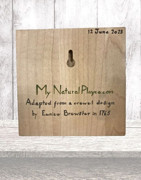 Each picture has the date it was hand painted, name of the vendor, and when and who the original Crewel design was created. 