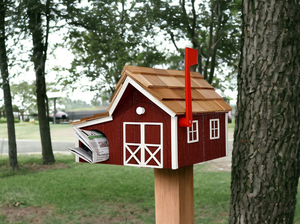 Cardinal Red and White Wooden Mailbox with Cedar Roof and Newspaper Holder on a post
