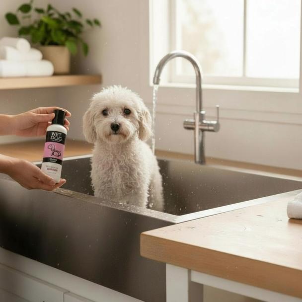 2.0 ounces of Wet Dog Canine Cutie Shampoo cleans while calming your little fur baby.