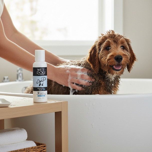 Detangle, moisturize and protect your fur baby's coat and skin with Wet Dog Masculine Mutt Conditioner. 2.0 ounce bottle. Made in the USA.