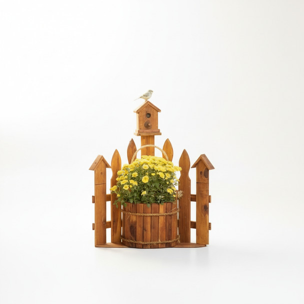 Medium Amish Made Corner Picket Fence Planter with a Birdhouse