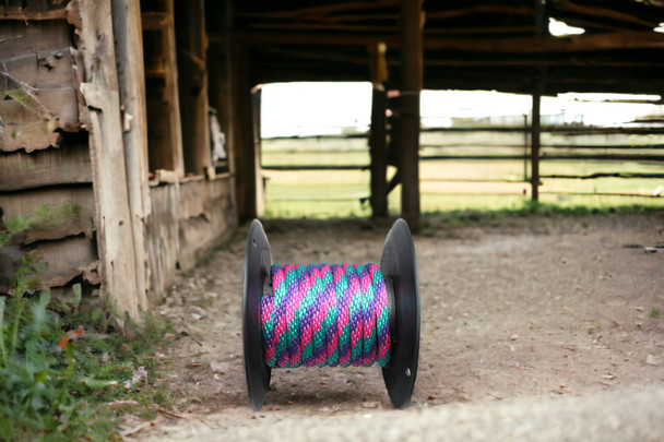 Purple, Raspberry and Teal Solid Braided Multifilament Polypropylene Rope in use on the farm