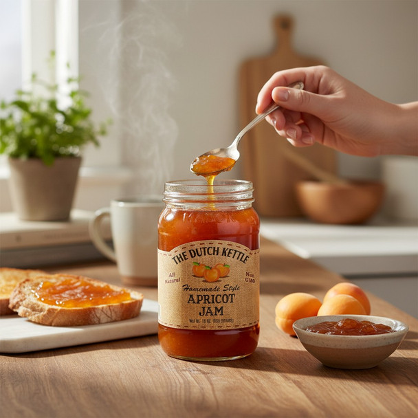 The Dutch Kettle Apricot Jam being spooned onto toast in a bright kitchen with fresh apricots nearby.
