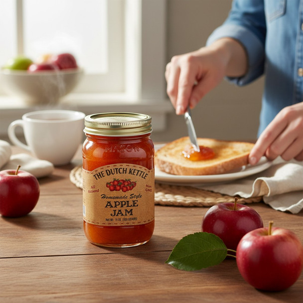The Dutch Kettle Apple Jam spread on warm toast with fresh apples in a bright kitchen setting.