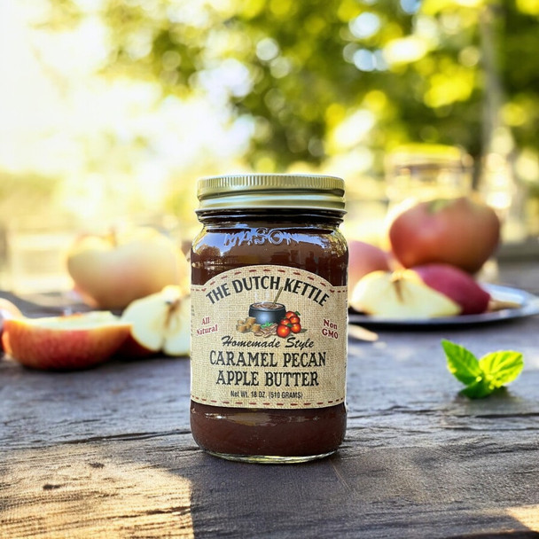 Amish Made Dutch Kettle Amish Homemade Caramel Pecan Apple Butter on a picnic table