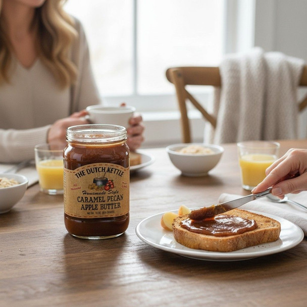 Caramel pecan apple butter jar on a breakfast table with toast being spread, fresh apples, cereal bowls, and glasses of orange juice.