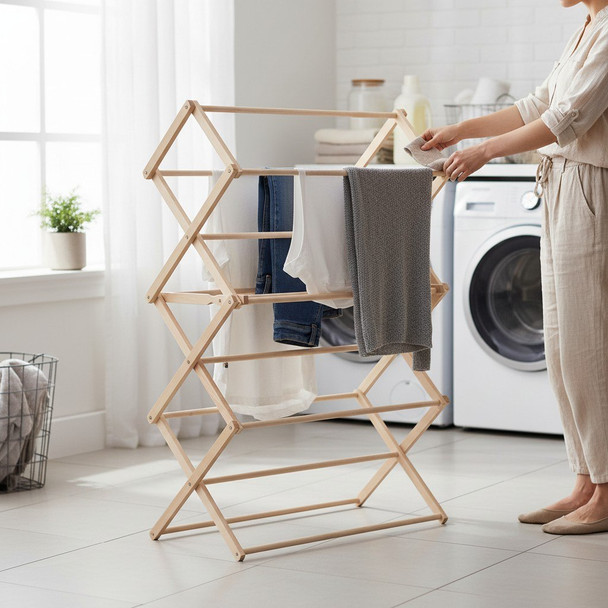 Wooden folding clothes drying rack with laundry in bright laundry room