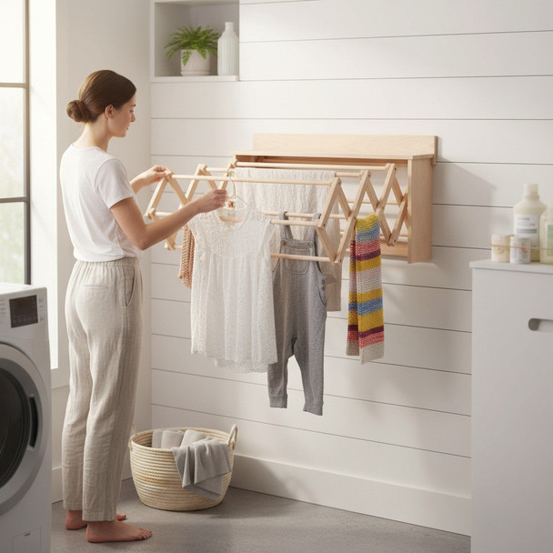 Wooden wall-mounted clothes drying rack in a bright laundry room holding shirts, pants, and towels.