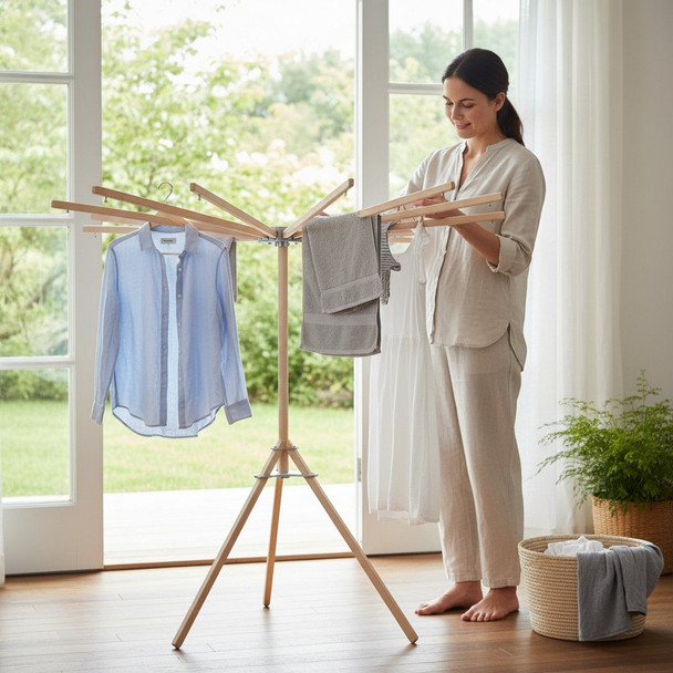 Wooden 16 arm floor standing clothes drying rack with shirts and towels in bright laundry room