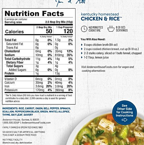 Nutrition Facts for Anderson House Kentucky  Homestead Chicken & Rice Soup