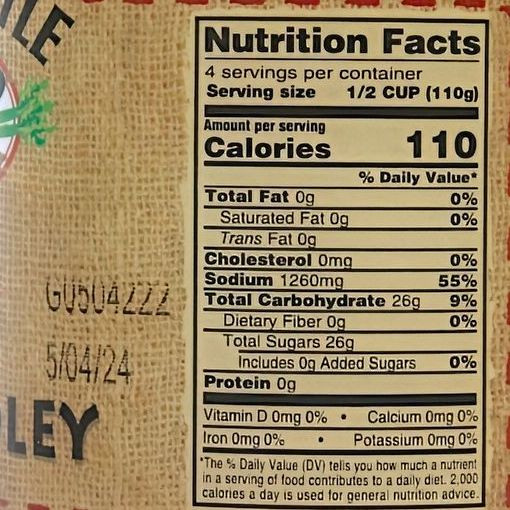 Nutrition Facts for a 16 oz. jar of Pickled Gardien Medley.